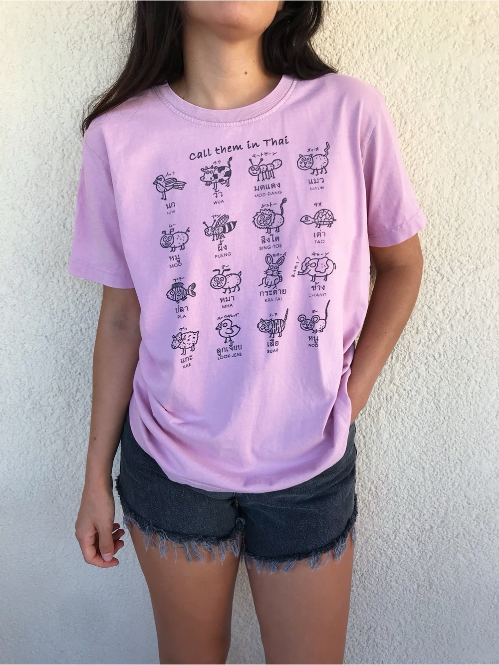 90s Vintage Pink Graphic Tee with Animal Illustrations /Thai Words / Crew Neck - Picture 6 of 6